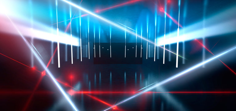 Dark room, a tunnel, a corridor with rays of light and a red laser beam of red color, smoke, smog, dust. Abstract dark blue background with light effect, neon.