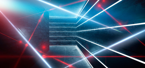 Dark room, a tunnel, a corridor with rays of light and a red laser beam of red color, smoke, smog, dust. Abstract dark blue background with light effect, neon.