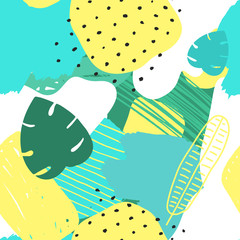 Fototapeta premium Vector Abstract Tropical Seamless Pattern. Colorful Hand drawn Elements, Paper Collage. Exotic Jungle Plants Background. Summer Flat Contemporary Design. 