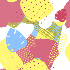 Vector Abstract Tropical Seamless Pattern. Colorful Hand drawn Elements, Paper Collage. Exotic Jungle Plants Background. Summer Flat Contemporary Design. 
