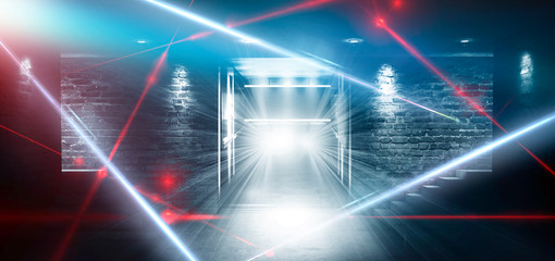 Dark room, a tunnel, a corridor with rays of light and a red laser beam of red color, smoke, smog,...