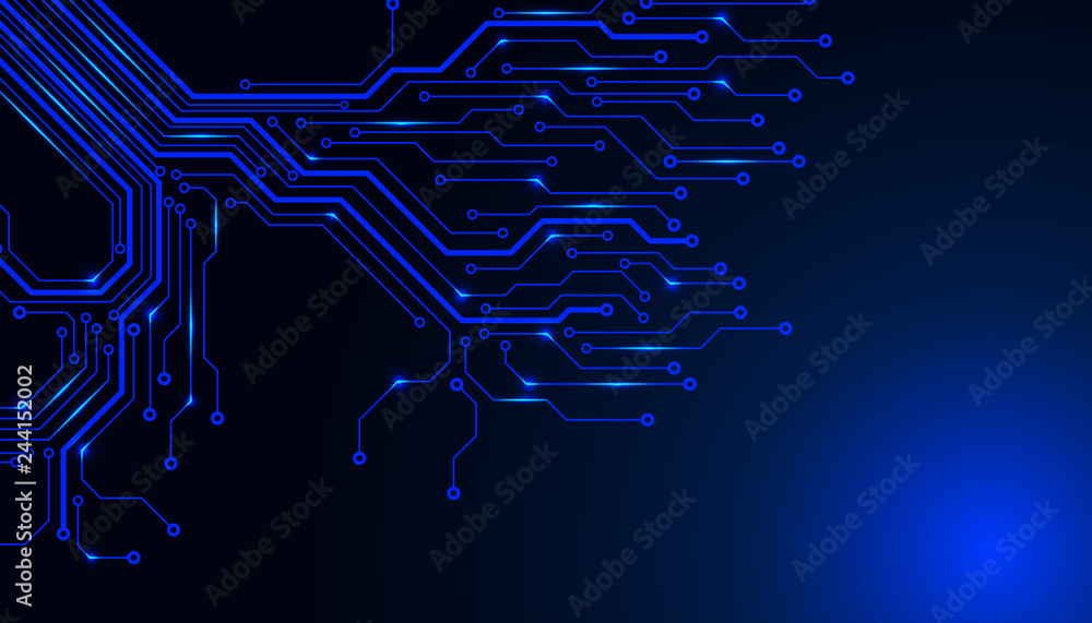 Poster Circuit Board Technology Tree Pattern Concept Vector Background. Blue Abstract Scifi PCB Trace Data Transfer Design Illustration.