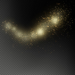 Golden glittering star dust trail sparkling particles overlay effect on transparent background. EPS 10