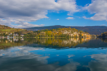 The beautiful reflection of the sky and hills in the water