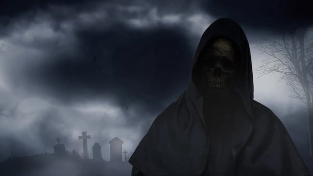 Reaper Figure Graveyard Full Moon 4K Loop features a hooded figure with skull face and a full moon with moving clouds in the background and birds circling over a silhouetted graveyard.