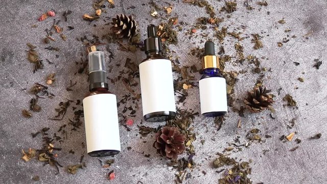 Flat lay of unknown cosmetics. Concept of skin care and beauty. Smooth camera movement.