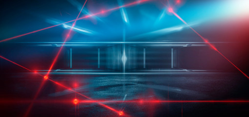 Dark room, a tunnel, a corridor with rays of light and a red laser beam of red color, smoke, smog, dust. Abstract dark blue background with light effect, neon.