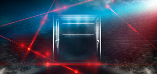 Dark room, a tunnel, a corridor with rays of light and a red laser beam of red color, smoke, smog, dust. Abstract dark blue background with light effect, neon.