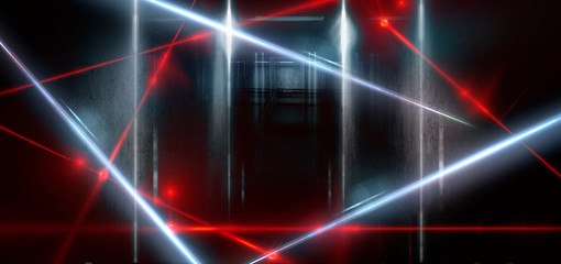 Dark room, a tunnel, a corridor with rays of light and a red laser beam of red color, smoke, smog,...
