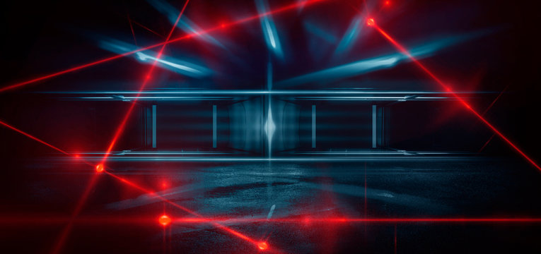 Dark room, a tunnel, a corridor with rays of light and a red laser beam of red color, smoke, smog, dust. Abstract dark blue background with light effect, neon.