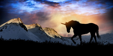 Unicorn silhouette at sunset with snowy mountains in the background © ginettigino