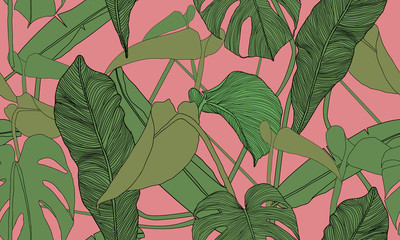Vector tropical seamless pattern. Exotic green plants on pink background. Banana and monstera leaves. Hand drawn textile print. © Linett