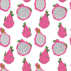 Vector seamless pattern with pink pitayas isolated on white background. Exotic tropical dragon fruit. Hand drawn pitahaya clip art.