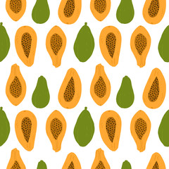 Vector seamless pattern with  papaya isolated on white background. Exotic tropical papaya fruit. Hand drawn clip art in cartoon style. Textile print.