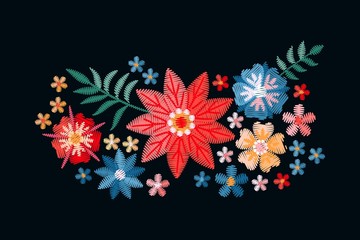 Embroidery. Bouquet with beautiful flowers. Colorful floral composition on black background. Satin stitch in vector.