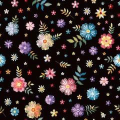 Embroidery seamless pattern with beautiful wild flowers on black background. Summer print. Fashion design. Vector embroidered illustration.
