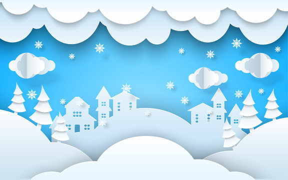 Vector papercut winter landscape xmas new year © belokrylowa