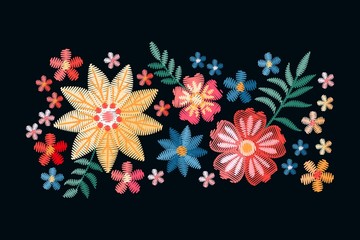 Vector design with embroidery colorful ethnic flowers. Embroidered composition for fashion prints.