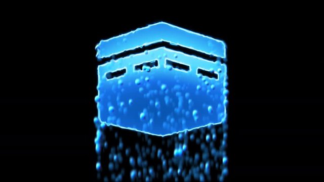 Liquid symbol kaaba appears with water droplets. Then dissolves with drops of water. Alpha channel black