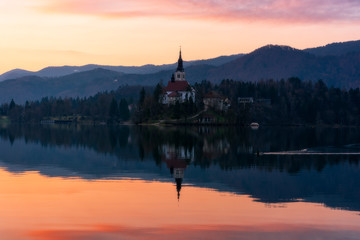 Naklejka premium Church on an island on Lake Bled in Slovenia