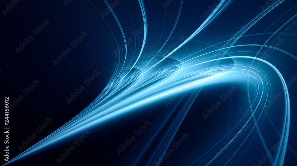 Leinwandbilder Abstract blue background element on black. Fractal graphics. Three-dimensional composition of glowing lines and mption blur traces. Movement and innovation concept.
