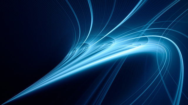 Abstract blue background element on black. Fractal graphics. Three-dimensional composition of glowing lines and mption blur traces. Movement and innovation concept.