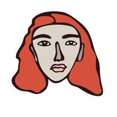 Female portrait, minimalistic linear red haired girl, light face with dark eyes. Irish or Englishwoman facial features. Scandinavian primitive graphic style. Bright colour combination