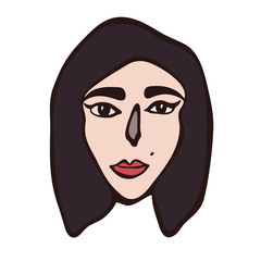 Minimalistic linear female portrait. Dark haired girl, white face, dark eyes. Make up girl. eyeliner, red lips. Blog, social media feed. Trendy abstract illustration. Vector colored art.