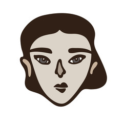 Minimalistic linear female portrait. Dark haired girl, white face with gray eyes. Asian facial features. Scandinavian primitive graphic style. Calm colour combination. Blog, social media feed