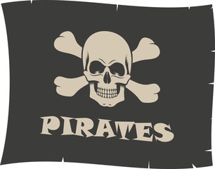 Pirate flag. Skull with bones and text. Color illustration on a pirate theme.