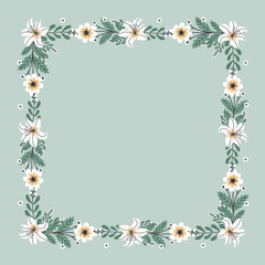 Floral greeting card and invitation template for wedding or birthday anniversary, Vector shape of text box label and frame, Spring flowers wreath ivy style with branch and leaves.