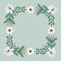 Floral greeting card and invitation template for wedding or birthday anniversary, Vector shape of text box label and frame, Spring flowers wreath ivy style with branch and leaves.