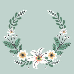 Floral greeting card and invitation template for wedding or birthday anniversary, Vector shape of text box label and frame, Spring flowers wreath ivy style with branch and leaves.