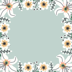 Floral greeting card and invitation template for wedding or birthday anniversary, Vector shape of text box label and frame, Spring flowers wreath ivy style with branch and leaves.