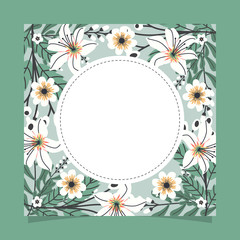 Floral greeting card and invitation template for wedding or birthday anniversary, Vector shape of text box label and frame, Spring flowers wreath ivy style with branch and leaves.