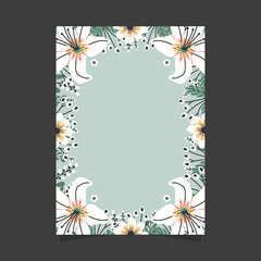 Common size of floral greeting card and invitation template for wedding or birthday anniversary, Vector shape of text box label and frame, Spring flowers wreath ivy style with branch and leaves.