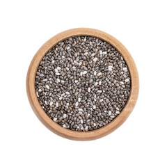 Small wooden bowl with chia seeds seen directly from above and isolated on white background