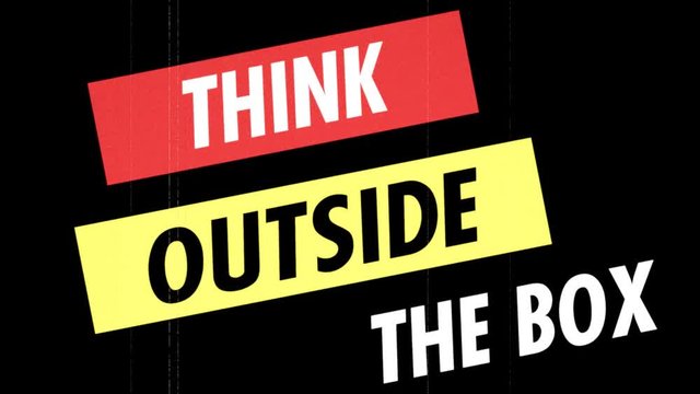Two angled lines with the text Think Outside The Box appearing on the screen, 1970s progressive poster film style, faded colors, dust, scratches and flickering. White, red and yellow.