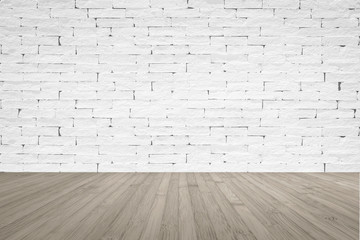 Brick wall with wooden floor textured background in light grey with vignette