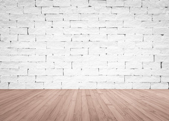 Brick wall painted in white with wooden floor textured background in natural red brown