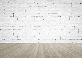 Grunge old aged brick wall painted in white color with wooden floor textured background in sepia brown