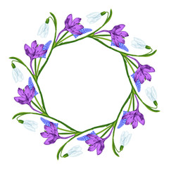 Fototapeta na wymiar Ready card with primroses. Card with snowdrops, wreath with the first spring flowers. Vector