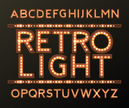 vector golden alphabet with bulb lamps