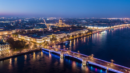 Fototapeta na wymiar Saint-Petersburg Cityscape, Isaacs Cathedral, Admiralty, Palace Bridge, Aerial morning view of Saint-Petersburg, Russia.