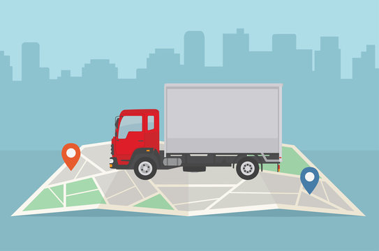 Delivery Truck And Map On City Background. Transport Services, Logistics And Freight Of Goods Concept. Flat Style, Vector Illustration. 