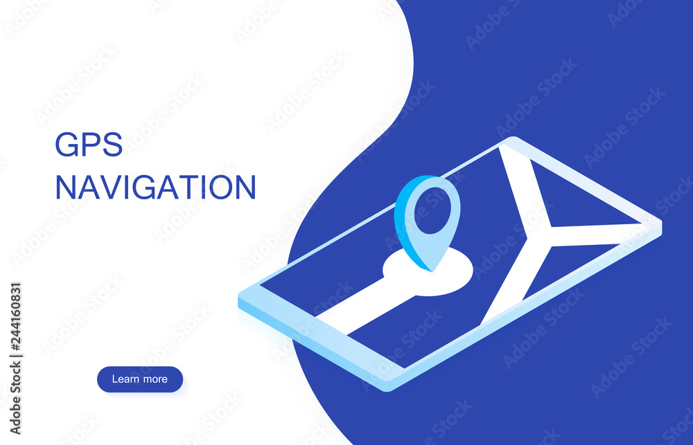 Poster gps navigation in the phone with pointer. modern isometric vector illustration