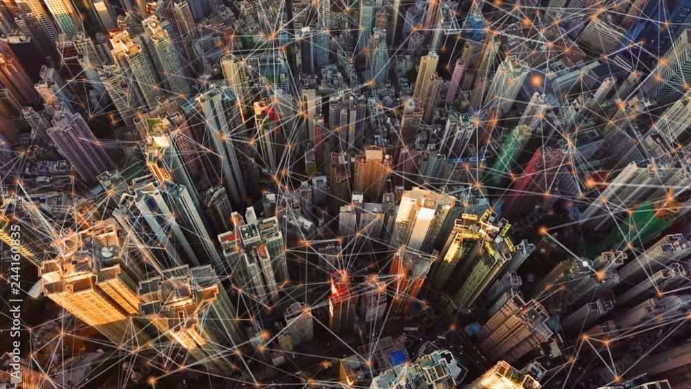Poster digital network connection lines of hong kong downtown. financial district and business centers in s