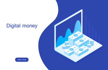 Concept digital marketing. digital money analyze with graph chart. Mock-up design website. Modern isometric vector illustration