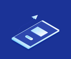 Email and message sending via phone, isometric paper plane, mailing banner. Modern vector illustration
