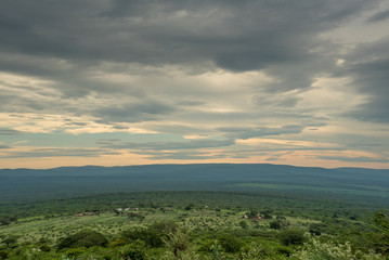 A wide view of a rural village and farmland near Mkuze in KwaZulu Natal, South Africa